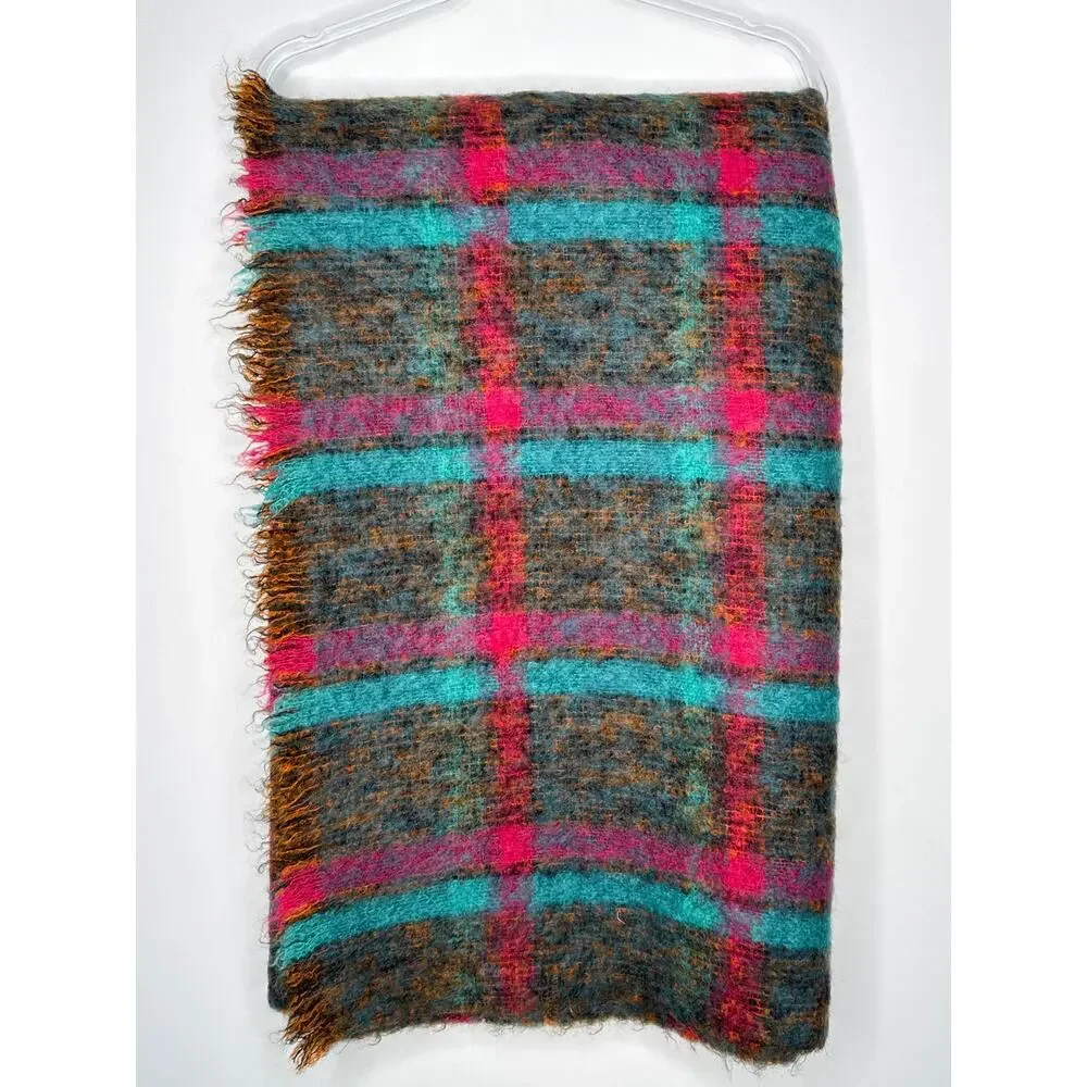 1980s Donegal Design Hand Woven Mohair Wool Plaid Scarf Ireland 60x70